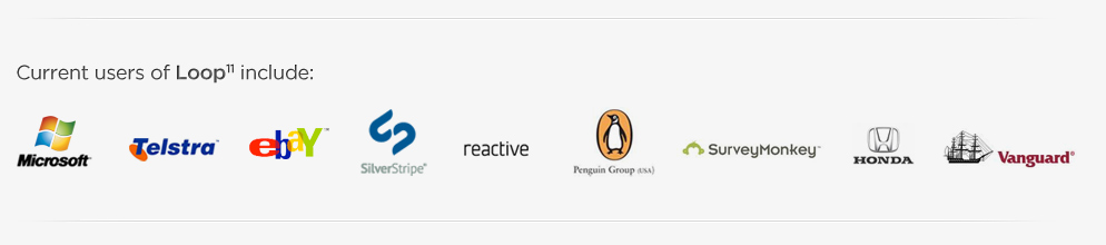 Current users of Loop11 include: Microsoft, Telstra, ebay, Silverstripe, Reactive, Penguin Group (USA), SurveyMonkey, Honda, Vanguard