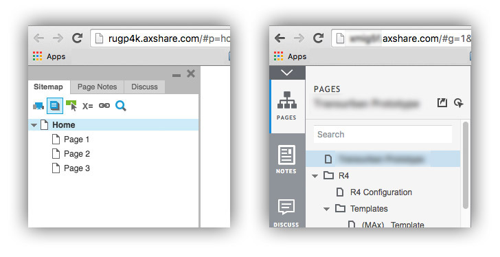 Two versions of the Axure prototype sidebar